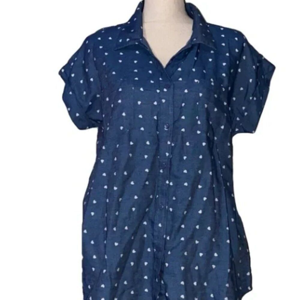 Rich & Beautiful heart print blouse 2x chambray